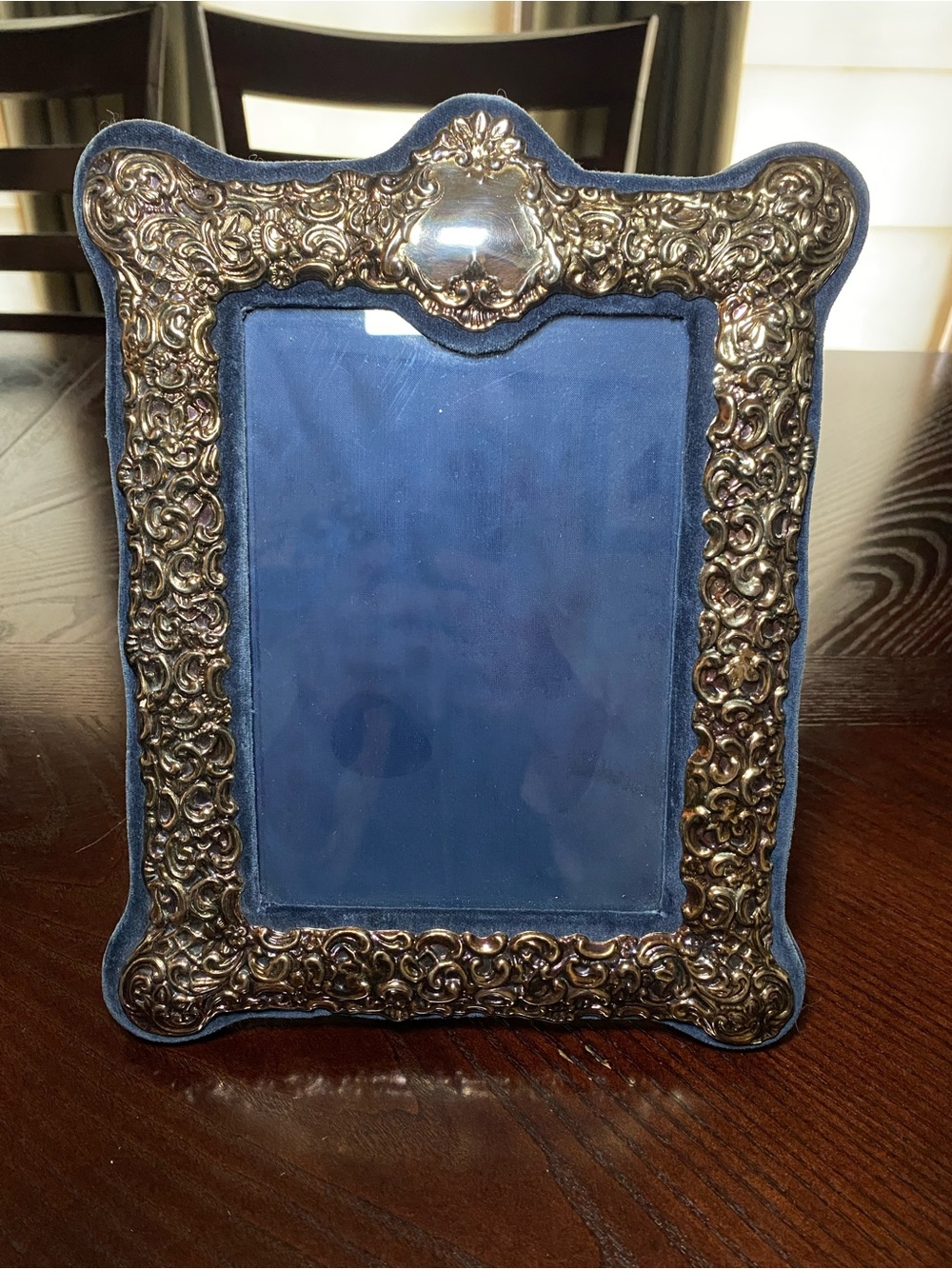 Ornate Blue Velvet and Silver Picture Frame with shades of bronze coloring 5x7